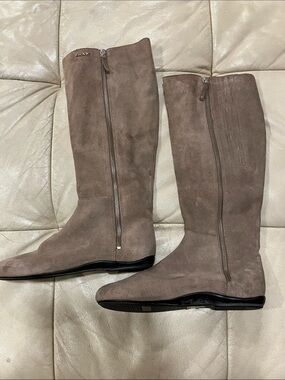 DKNY Taupe Suede Knee-High Zip Riding Boots